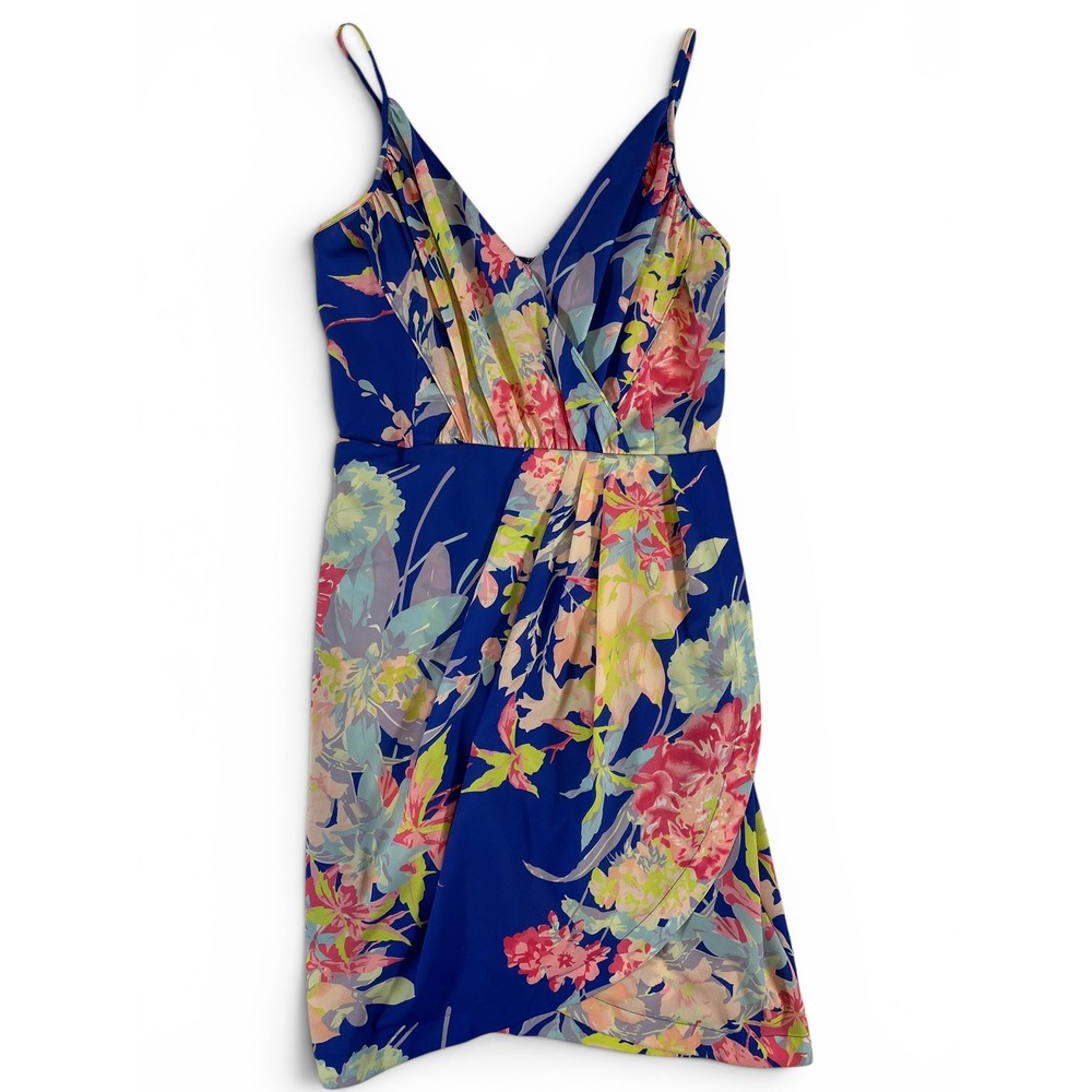 Yumi Kim Jayne Mini Dress Womens L Blue Hawaii Floral Faux Wrap Tulip Hem‎